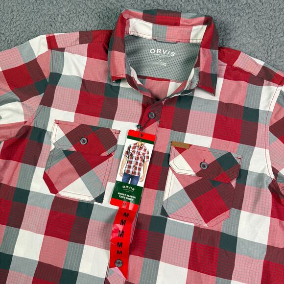 Orvis Shirt Mens M Red Grid Plaid Short Sleeve Tech UPF 20+ Quick Dry Fishing - Picture 1 of 11